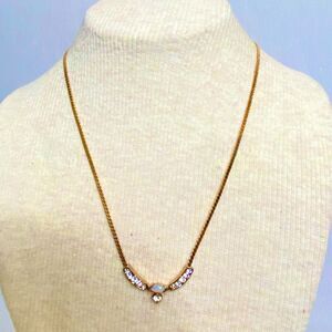 Pendant Necklace Gold Tone Flat Cobra Chain Clear Rhinestones Central Opalesque